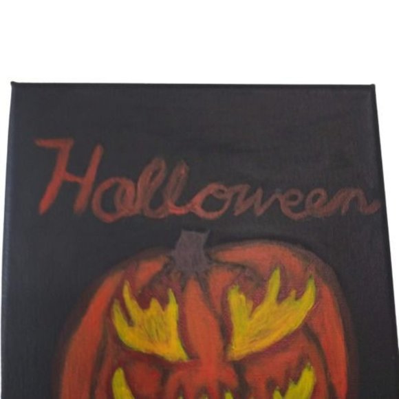 Terrifying Halloween Jack o Lantern Acrylic Painting on Black Canvas 8 x 10 in - Picture 2 of 9